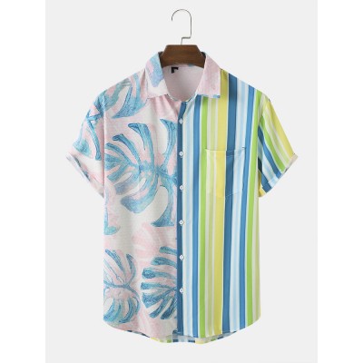 Men Tropical Leaf   Striped Print Two Tone Lifeful Single Pocket Soft Breathable Shirts