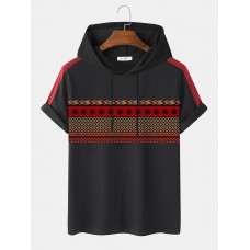 Mens Ethnic Geometric Print Side Stripe Short Sleeve Hooded T  Shirts