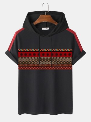 Mens Ethnic Geometric Print Side Stripe Short Sleeve Hooded T  Shirts