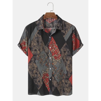 Mens Vintage Plants Print Color Block Short Sleeve Shirts