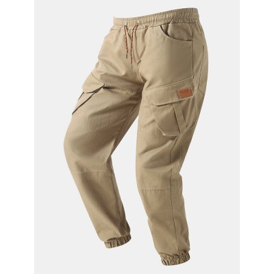 Men Solid Color Utility Pocket Street Elastic Waist Casual Cargo Pants