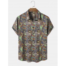 Mens Vintage Geometric Pattern Button Up Short Sleeve Shirts