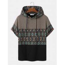 Mens Argyle Pattern Patchwork Ethnic Style Short Sleeve Hooded T  Shirts