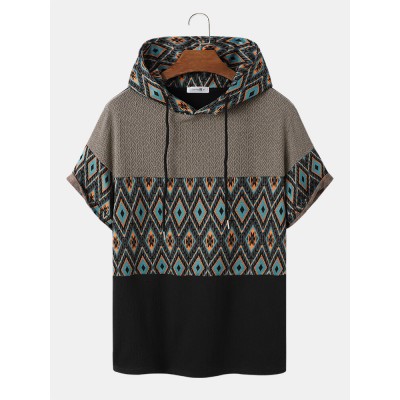 Mens Argyle Pattern Patchwork Ethnic Style Short Sleeve Hooded T  Shirts