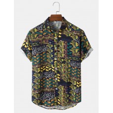 Mens Vintage Plants Print Button Front Short Sleeve Shirts