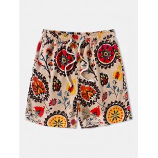 Mens Floral Totem Print Casual Drawstring Waist Shorts