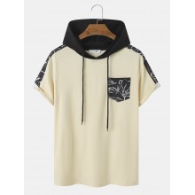 Mens Line Drawing Print Side Stripe Short Sleeve Hooded T  Shirts