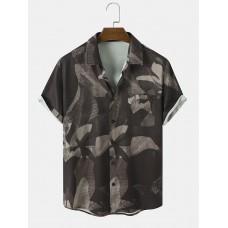 Mens Tropical Leaf Print Chest Pocket Holiday Short Sleeve Shirts