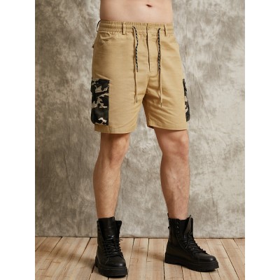 Men Camo Patchwork Double String Multi Pocket Short Stick Cool Cargo Shorts