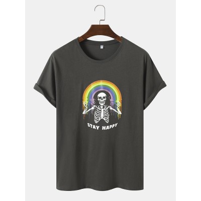 Men Cotton Funny Skull Rainbow Print Leisure All Matched T  Shirts