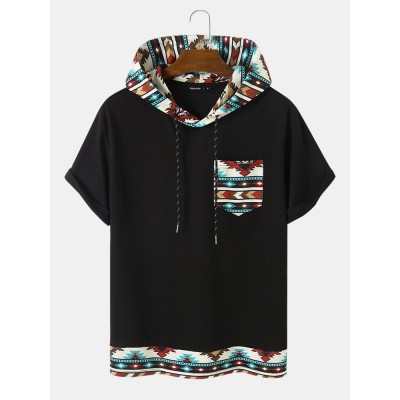 Mens Geometric Print Patchwork Chest Pocket Short Sleeve Hooded T  Shirts