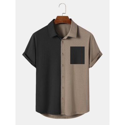 Mens Two Tone Patchwork Button Up Short Sleeve Shirts