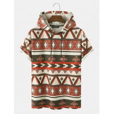 Mens All Over Colorful Geometric Print Corduroy Short Sleeve Hooded T  Shirts