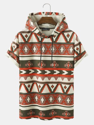 Mens All Over Colorful Geometric Print Corduroy Short Sleeve Hooded T  Shirts