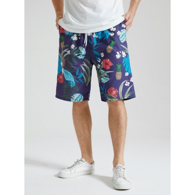 Mens Tropical Plants Print Holiday Loose Drawstring Shorts