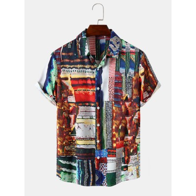 Mens Tribal Pattern Spliced Hem Cuff Comfy Shirts