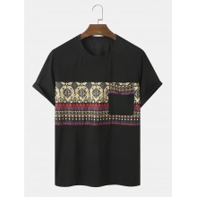 Mens Ethnic Geometric Print Stitching Chest Pocket Short Sleeve T  Shirts