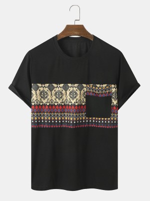 Mens Ethnic Geometric Print Stitching Chest Pocket Short Sleeve T  Shirts