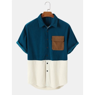 Mens Vintage Patchwork Chest Pocket Short Sleeve Shirts