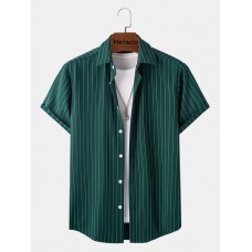 Mens Vertical Stripe Button Up Daily Short Sleeve Shirts