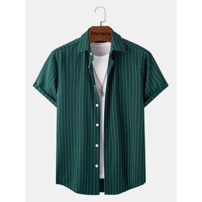 Mens Vertical Stripe Button Up Daily Short Sleeve Shirts