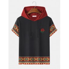 Mens Rose Ethnic Geometric Print Short Sleeve Drawstring Hooded T  Shirts