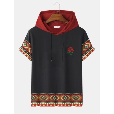 Mens Rose Ethnic Geometric Print Short Sleeve Drawstring Hooded T  Shirts