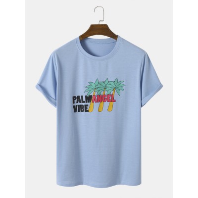 Men Palm Tree   Letter Print Casual All Matched Skin Friendly Crew Neck T  Shirts