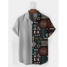 Mens Tribal Print Striped Patchwork Short Sleeve All Matched Shirts