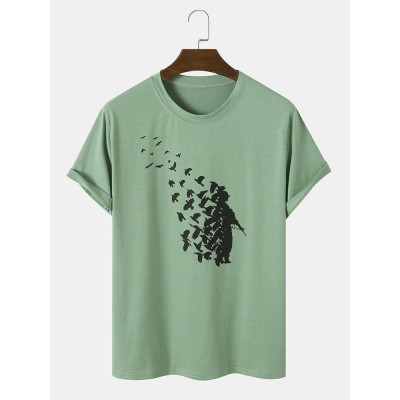 Men Cotton Figure   Bird Print Metaphor All Matched Skin Friendly Crew Neck T  Shirts