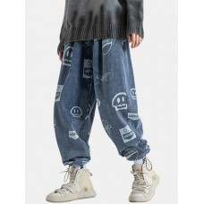 Mens All Over Cartoon Grimace Print Drawstring Cuff Denim Pants