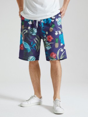 Mens Tropical Plants Print Holiday Loose Drawstring Shorts