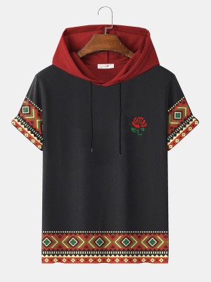 Mens Rose Ethnic Geometric Print Short Sleeve Drawstring Hooded T  Shirts